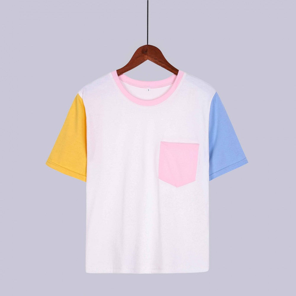 Summer New Hot Sale Color Matching Pocket T-Shirt